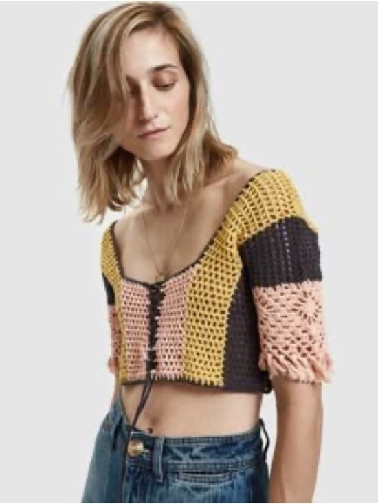 FARROW Tops - Tie-Front Crochet Colorblock Crop Top in Yellow, Pink & Black
